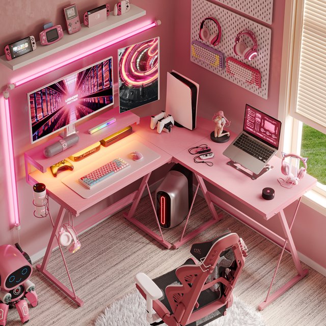 Bestier Pink Computer Desk with LED Light LShaped Desk Gaming Computer