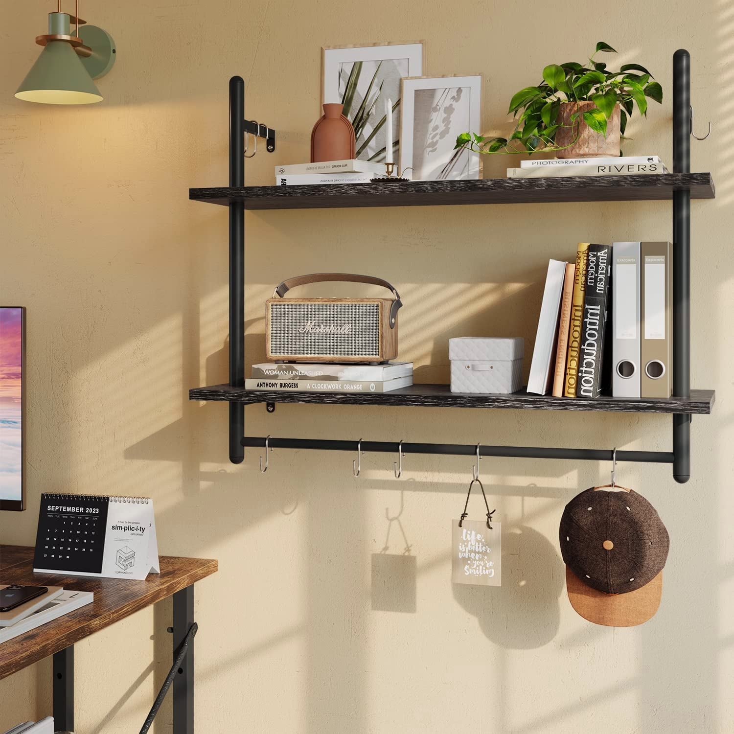 Bestier 31 Industrial Floating Shelf Wall Mounted Kitchen Shelf with 2 Tier Open Design and 8 S Hooks Charcoal Walmart