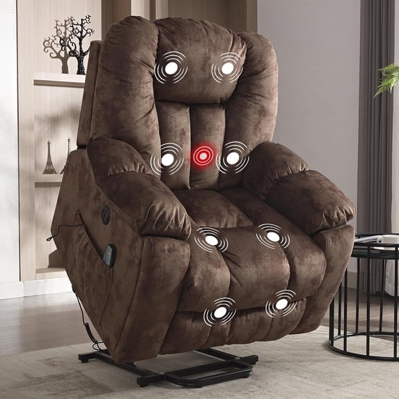 Bestier Oversized Power Lift Recliner Chair with Massage & Heating for Adults, Overstuffed Wide Recliners Sofa with Side Pocket and Hidden Cup Holders, Brown