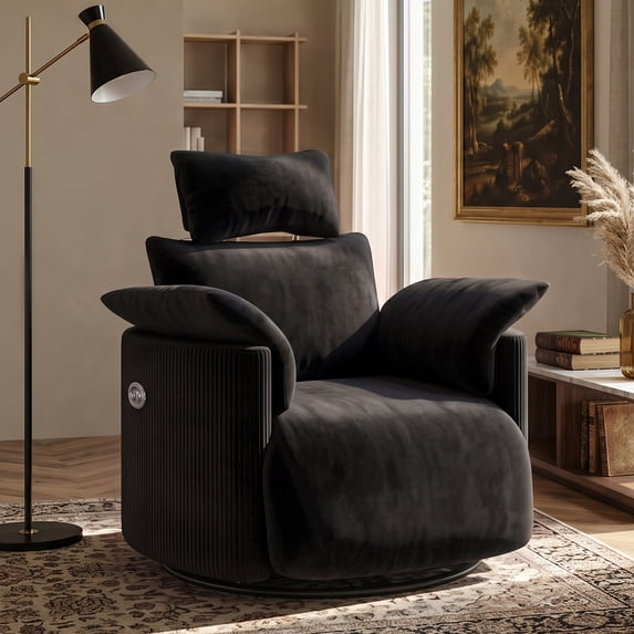Bestier Powered Recliner Chair, Upholstered Velvet Swivel Rocker Recliner with Adjustable Headrest & Power Footrest, 270° Glider Rocking Chair for Living Room, Nursery & Small Spaces, Black