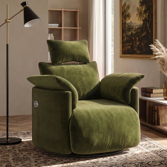 Bestier Powered Recliner Chair, Upholstered Velvet Swivel Rocker Recliner with Adjustable Headrest & Power Footrest, 270° Glider Rocking Chair for Living Room, Nursery & Small Spaces, Dark Green