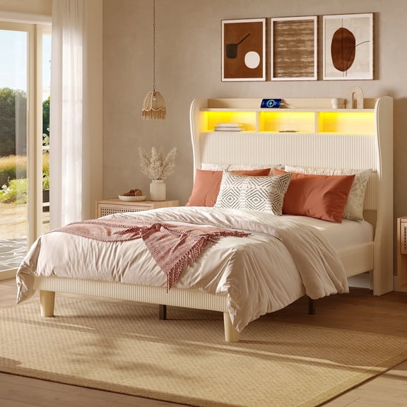 Bestier Queen Bed Frame with 50.18'' Tall Wingback Storage Headboard, Corduroy Upholstered Queen Size Platform Bed Frame with LED Lights & Charging Station, Off-White