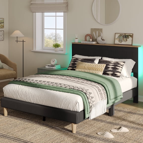 Bestier Queen Platform Bed with Adjustable Storage Headboard Shelf, LED Corduroy Upholstered Bed Frame, Black
