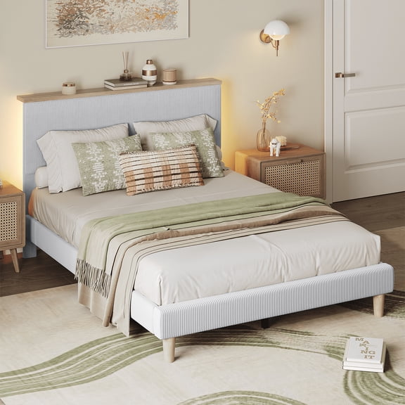 Bestier Queen Platform Bed with Adjustable Storage Headboard Shelf, LED Corduroy Upholstered Bed Frame, Light Gray