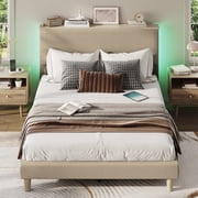 Bestier Queen Platform Bed with Adjustable Storage Headboard Shelf, LED Corduroy Upholstered Bed Frame, Taupe