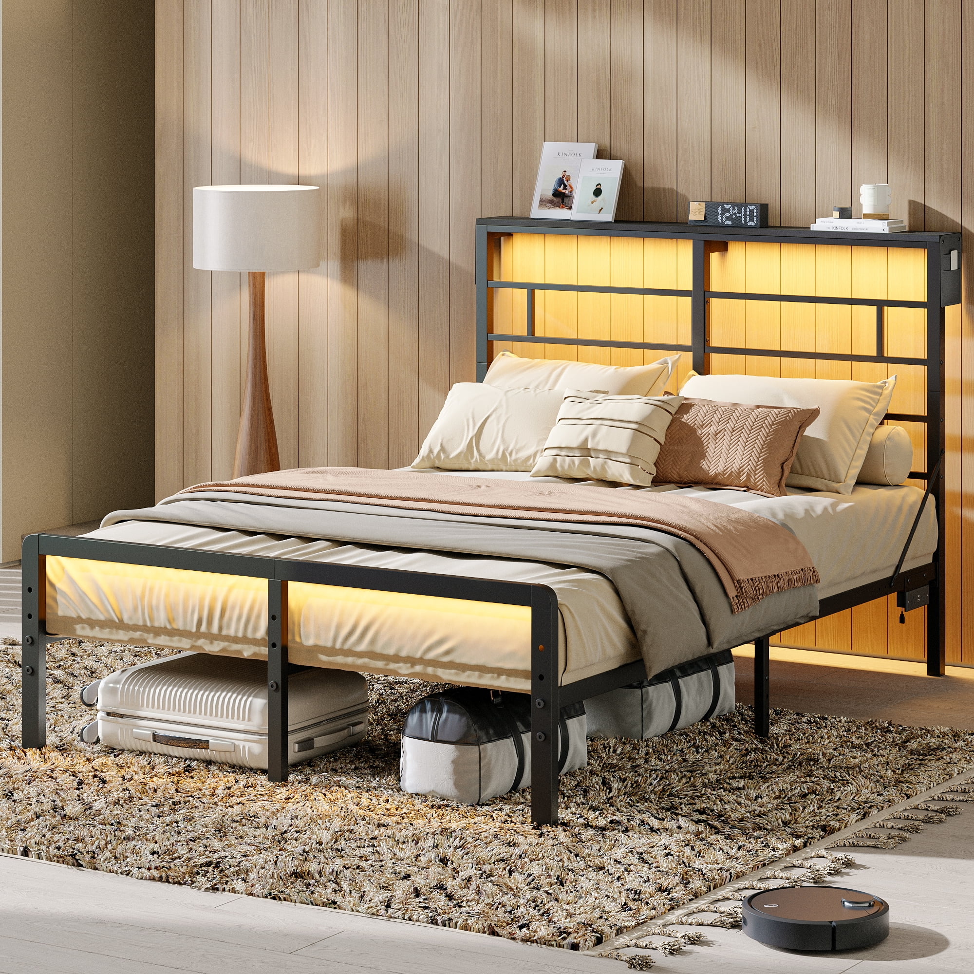 Bestier Queen Size Bed Frame with LED Headboard & Charging Station, Metal Platform Bed with 15.7'' Large Under Bed Storage, Black