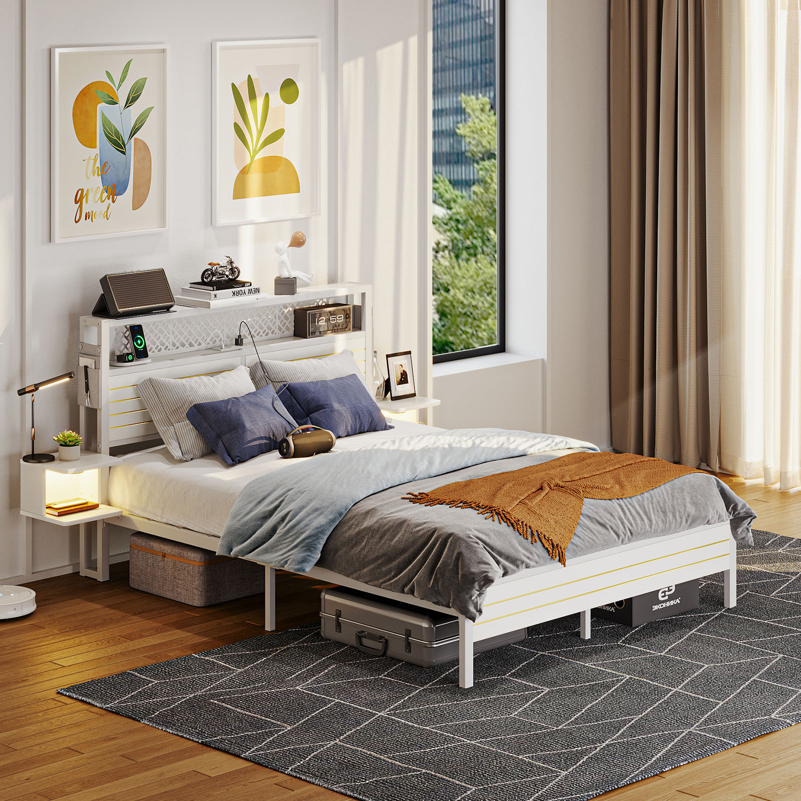 Bestier Queen Size Metal Platform Bed Frame with Storage Headboard