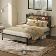 Bestier Queen Size Platform Bed Frame with Wood Foldable Bedside Shelves and LED Storage Headboard Charge Station, Gray