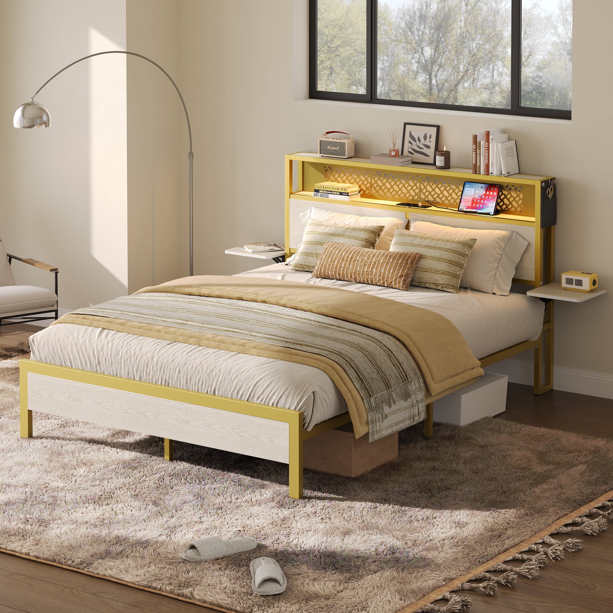 Bestier Queen Size Wood Platform Bed Frame with Foldable Bedside Shelves and LED Storage Headboard Charge Station, White