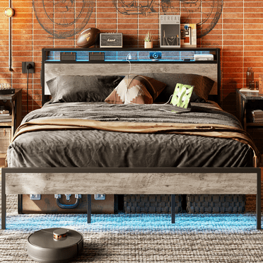 Bestier Queen Size Platform Bed Frame with Led Storage Headboard Charging Station and Bedside Caddy, Grey