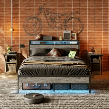 Bestier Queen Size Led Platform Bed Frame with Storage Headboard Charging Station and Bedside Caddy, Grey