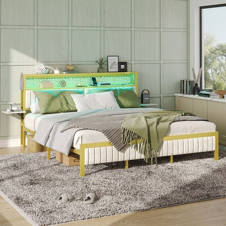 Bestier Queen Size Bed Frame Upholstered Led Platform Bed With Foldable Trip Shelves And Storage Headboard Charge Station, Off White