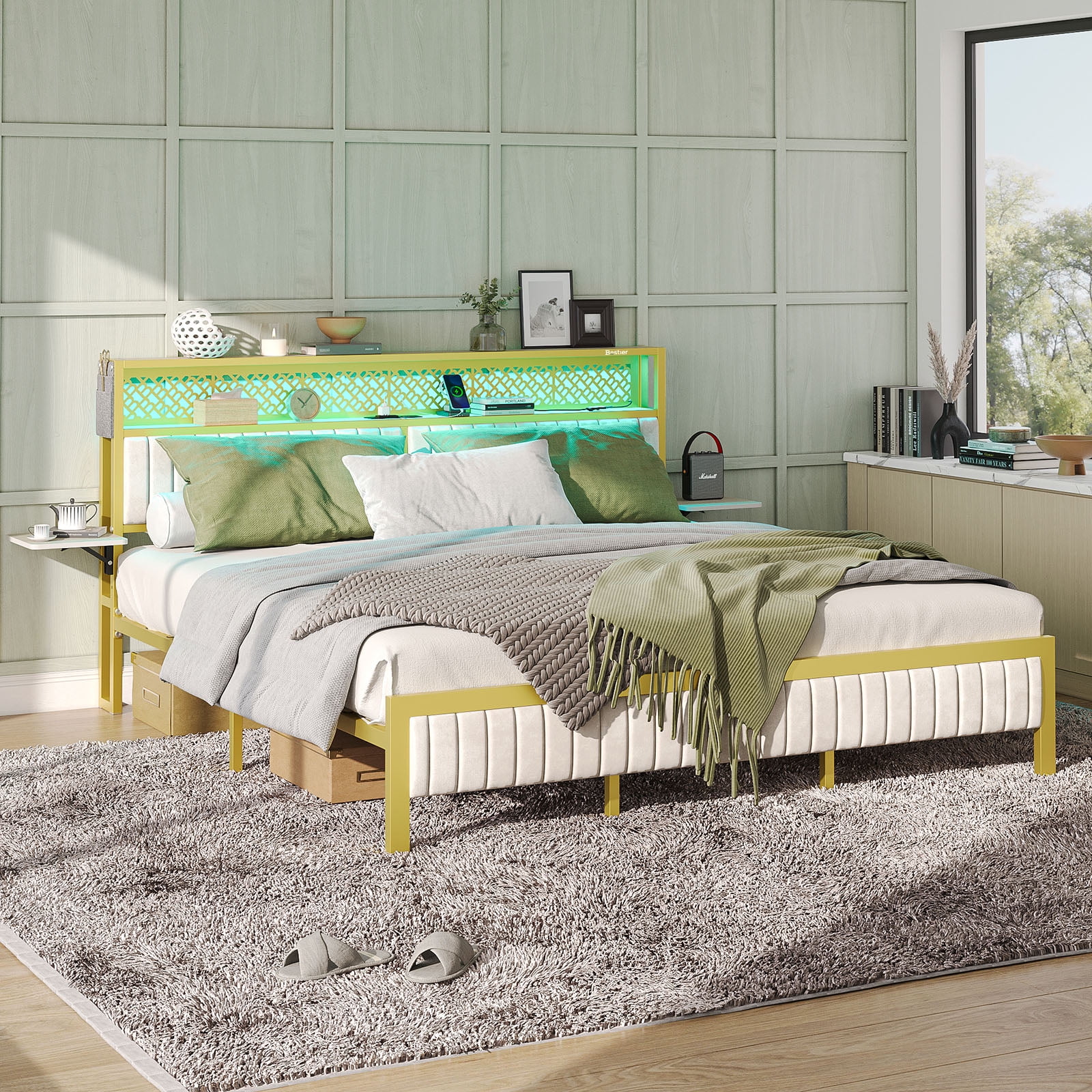 Off-White Queen Upholstered LED Platform Bed with Storage Headboard