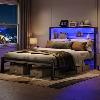 Bestier Queen Size Bed Frame with 49.2" High LED Storage Headboard Shelf, Metal Platform Bed, Black