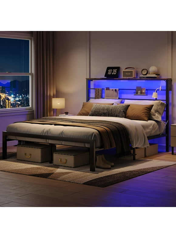 Bestier Queen Size Bed Frame with 49.2" High LED Storage Headboard Shelf, Metal Platform Bed, Black