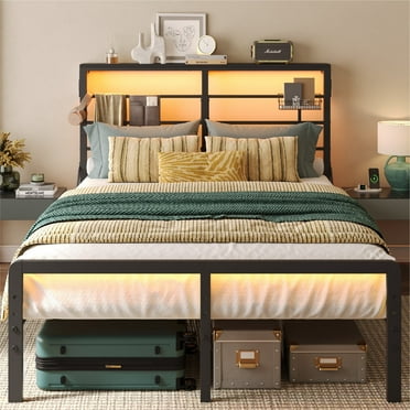 Bestier Queen Size Bed Frame with LED Headboard & Charging Station, Metal Platform Bed with 15.7'' Large Under Bed Storage, Black