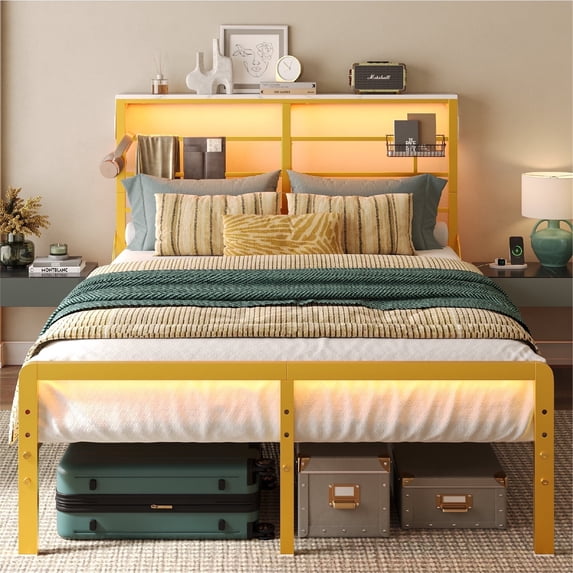 Bestier Queen Size Metal Platform Bed Frame with LED Headboard & Charging Station, Adjustable Under Bed Storage, Gold