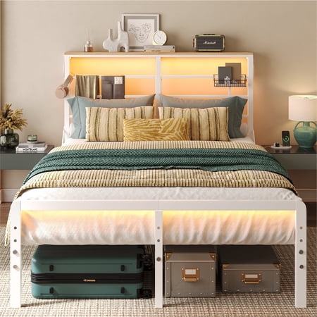 Bestier Queen Size Metal Platform Bed Frame with LED Headboard & Charging Station, Adjustable Under Bed Storage, White