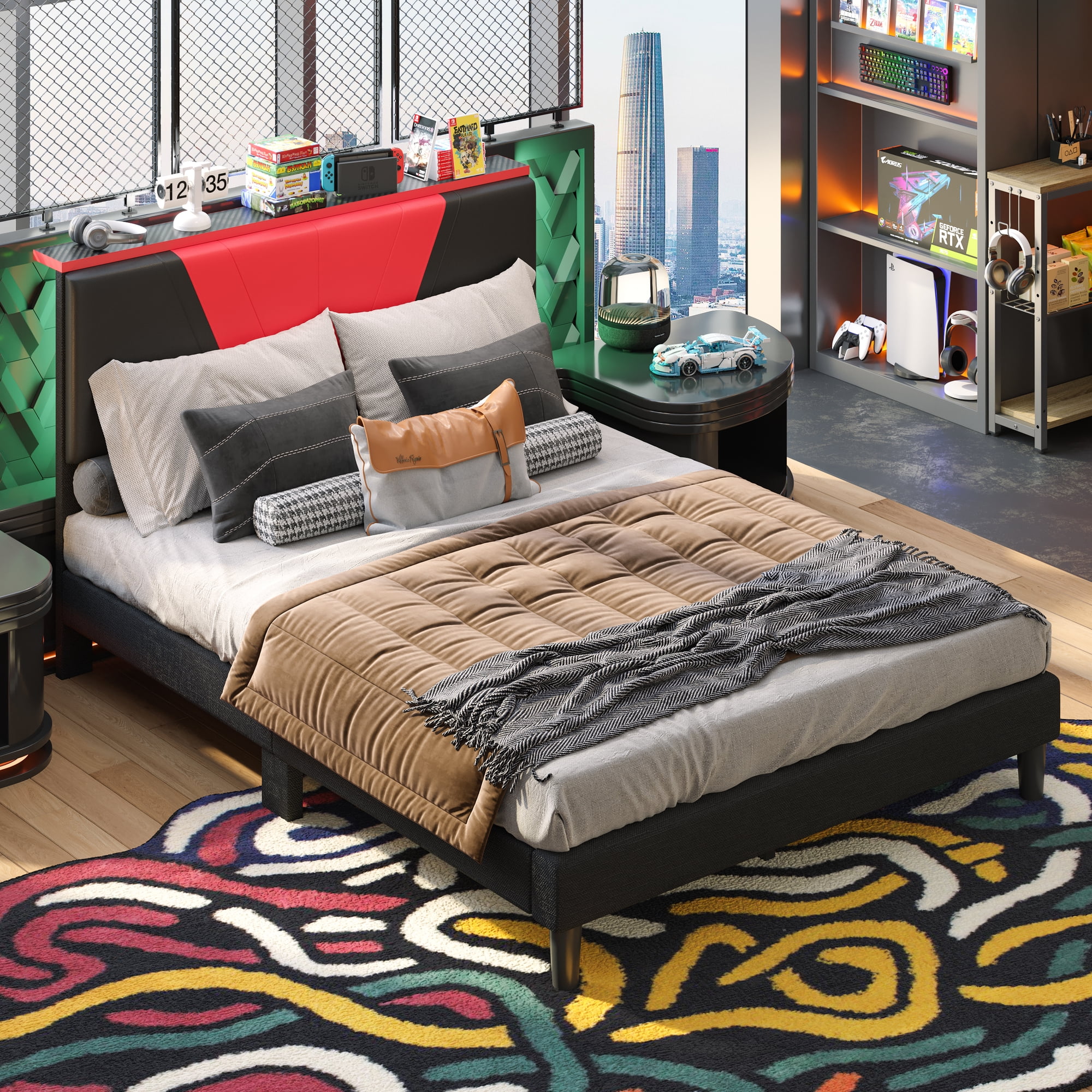 Bestier Queen Size Bed Frame with LED Adjustable Storage headboard, PU