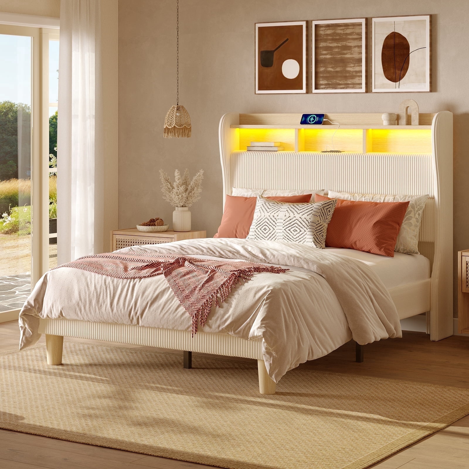 Bestier Queen Bed Frame with 50.18'' Tall Wingback Storage Headboard, Corduroy Upholstered Queen Size Platform Bed Frame with LED Lights & Charging Station, Off-White
