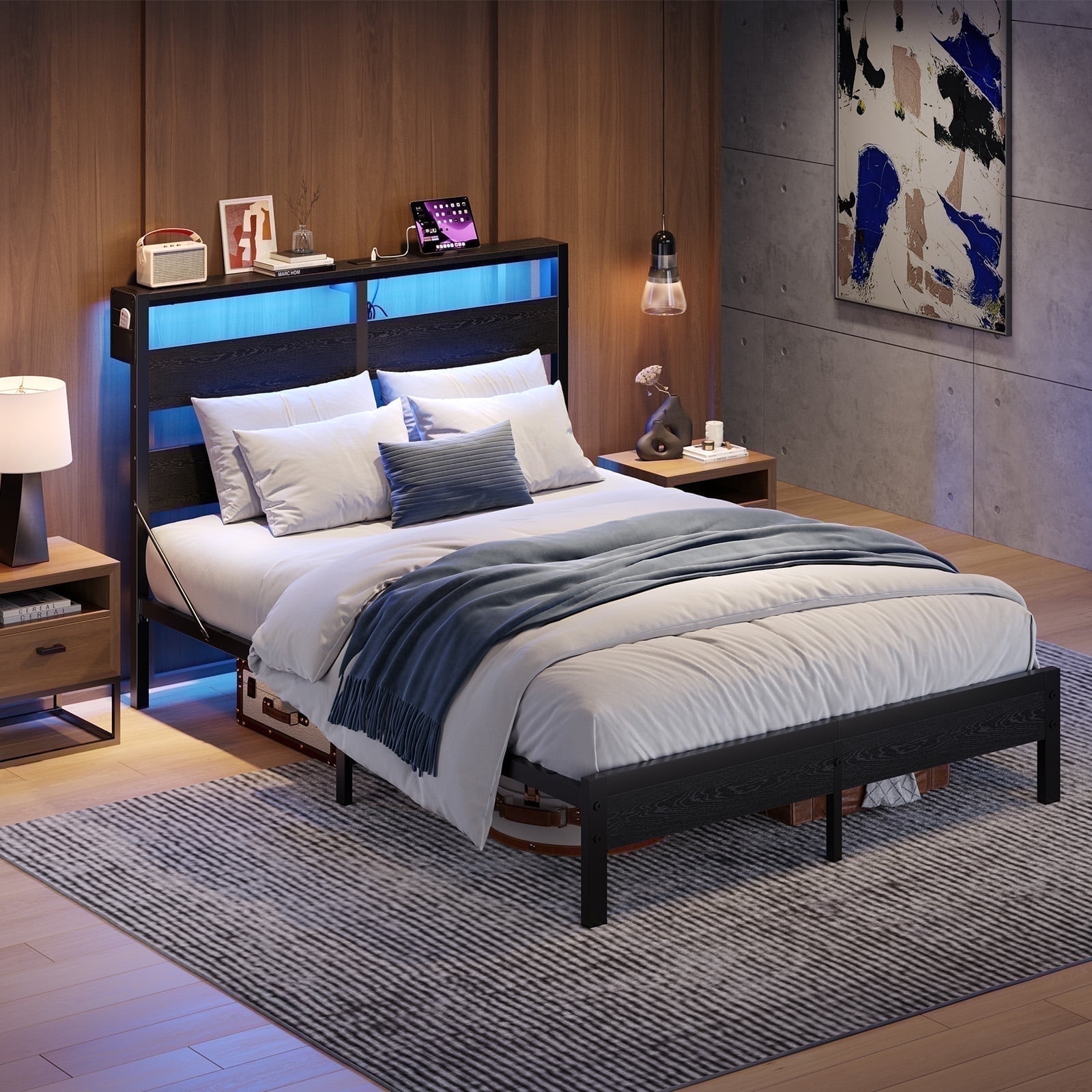 Bestier Queen Size Platform Bed Frame with Storage Headboard, LED Lights & USB Charging Station, Metal Bed Frame Black