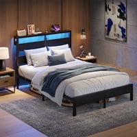 Bestier Queen Size Platform Bed Frame with Storage Headboard, LED Lights & USB Charging Station (Black)