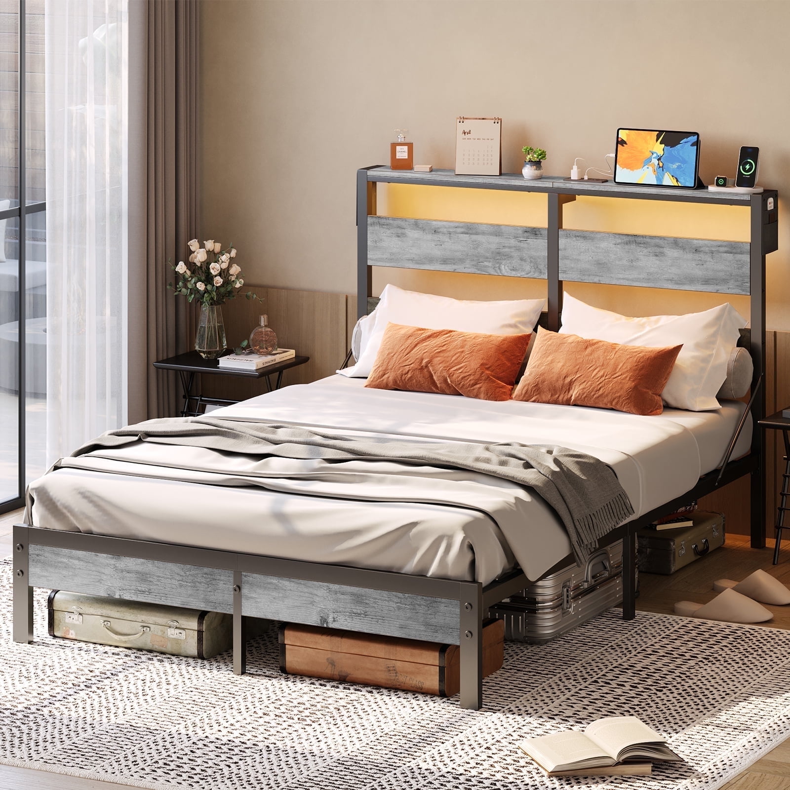 Bestier Queen Size Platform Bed Frame with Storage Headboard, LED Lights & USB Charging Station, Metal Bed Frame Grey