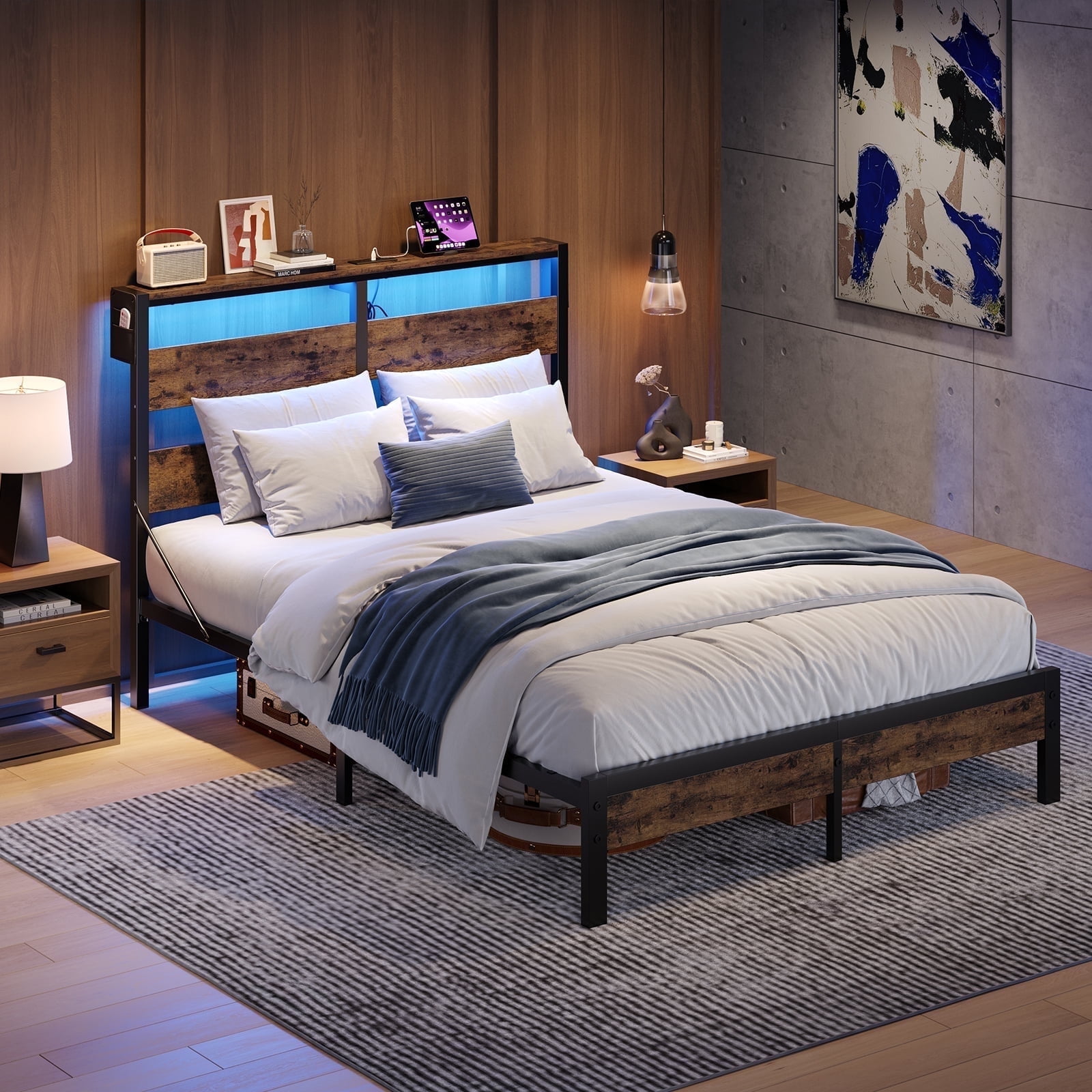 Bestier Queen Size LED Bed Frame with Headboard and Storage Rustic Brown