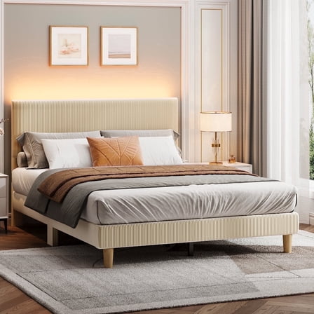 Bestier Corduroy Upholstered Queen Bed Frame with Adjustable Headboard, Platform Bed Frame with LED Light, Solid Wood Slats, No Box Spring Needed, Beige