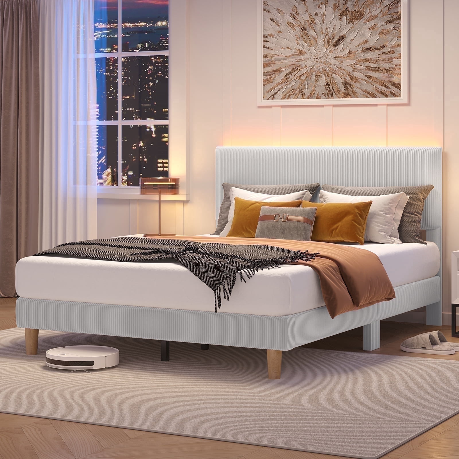 Bestier Corduroy Upholstered Queen Bed Frame with Adjustable Headboard, Platform Bed Frame with LED Light, Solid Wood Slats, No Box Spring Needed, Gray