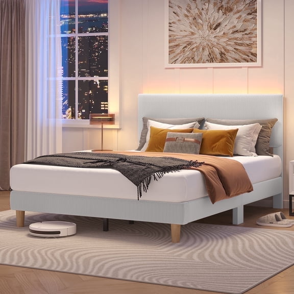 Bestier Corduroy Upholstered Queen Bed Frame with Adjustable Headboard, Platform Bed Frame with LED Light, Solid Wood Slats, No Box Spring Needed, Gray
