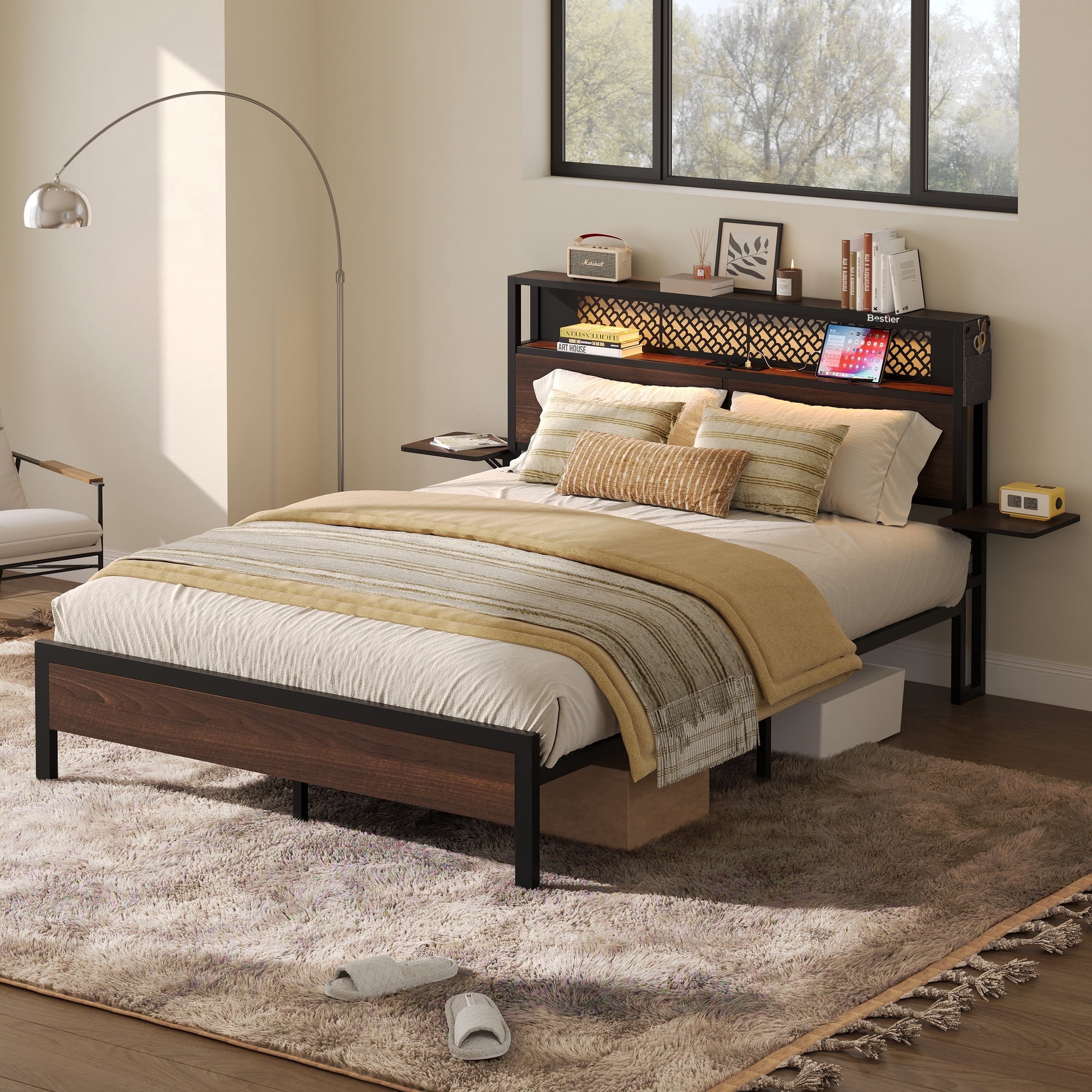 Bestier Queen Size Wood Platform Bed Frame with Foldable Bedside Shelves and LED Storage Headboard Charge Station, Walnut