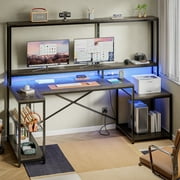 Bestier 71.5 inch Gaming Desk with LED Lights & Power Outlet, L Shaped Computer Desk with Hutch & Adjustable Shelves, Retro Grey Oak