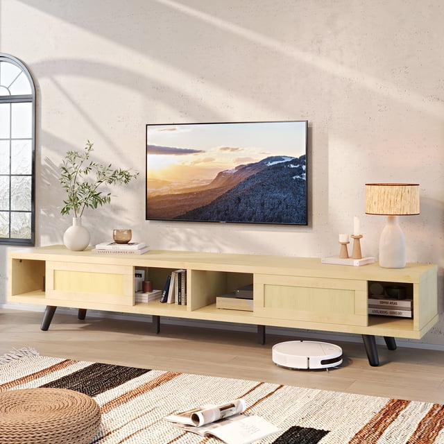 Mid Century Modern Rattan TV Stand - 59 Inch Media Console With Drawer & 2 Cabinets, Boho Style