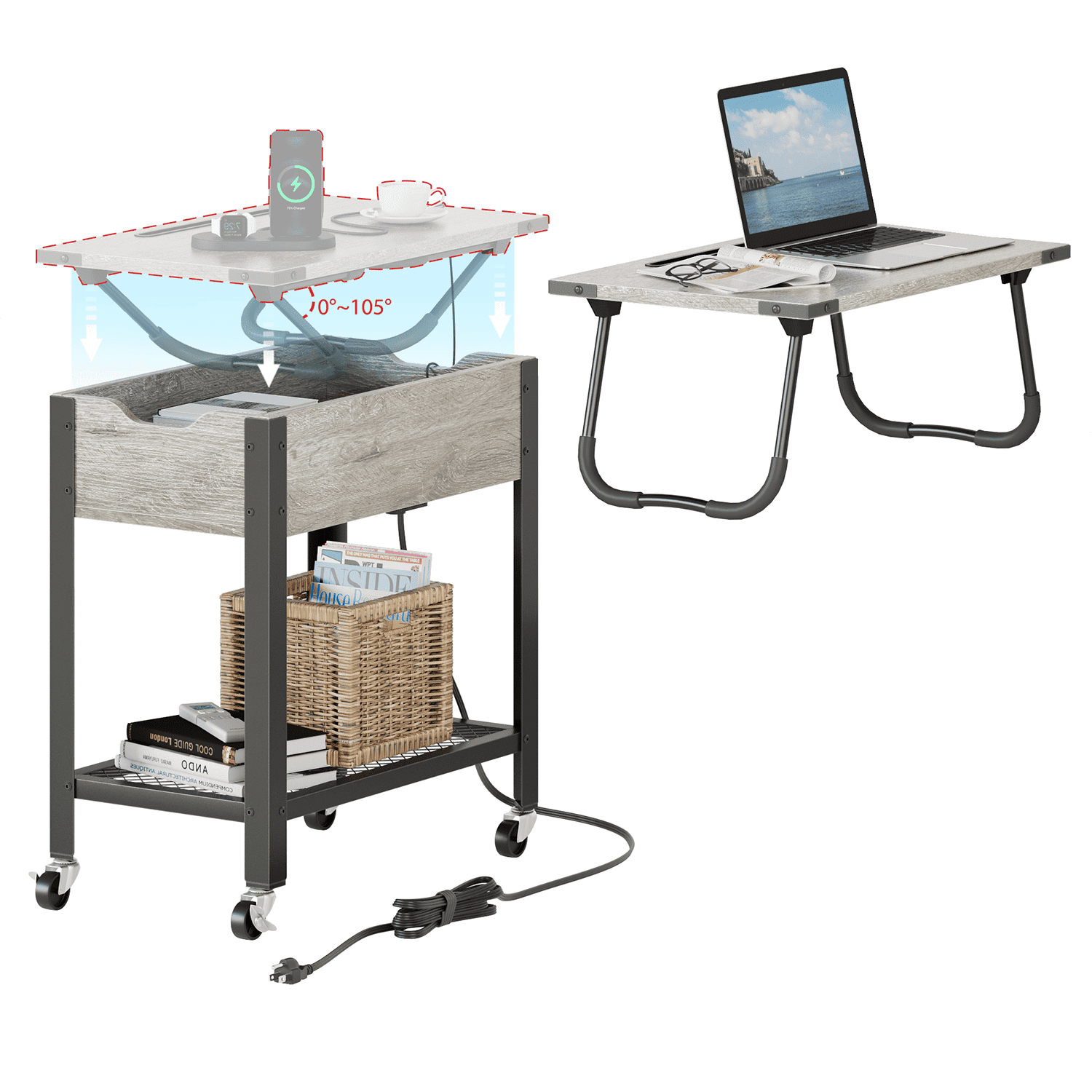 Bestier Removable Laptop Desk, End Table Nightstand with Charging Station for Living Room