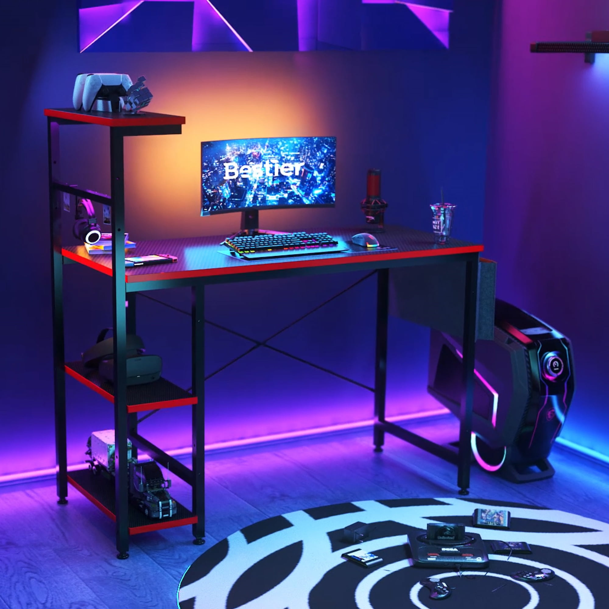 Bestier Reversible 44 inch Computer Desk with LED Lights Gaming Desk , 4 Tier Shelves Carbon Fiber - image 1 of 10