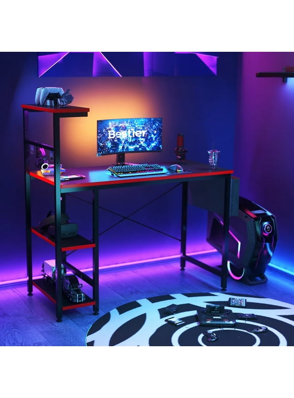 Bestier Reversible 44 inch Computer Desk with LED Lights Gaming Desk , 4 Tier Shelves Carbon Fiber