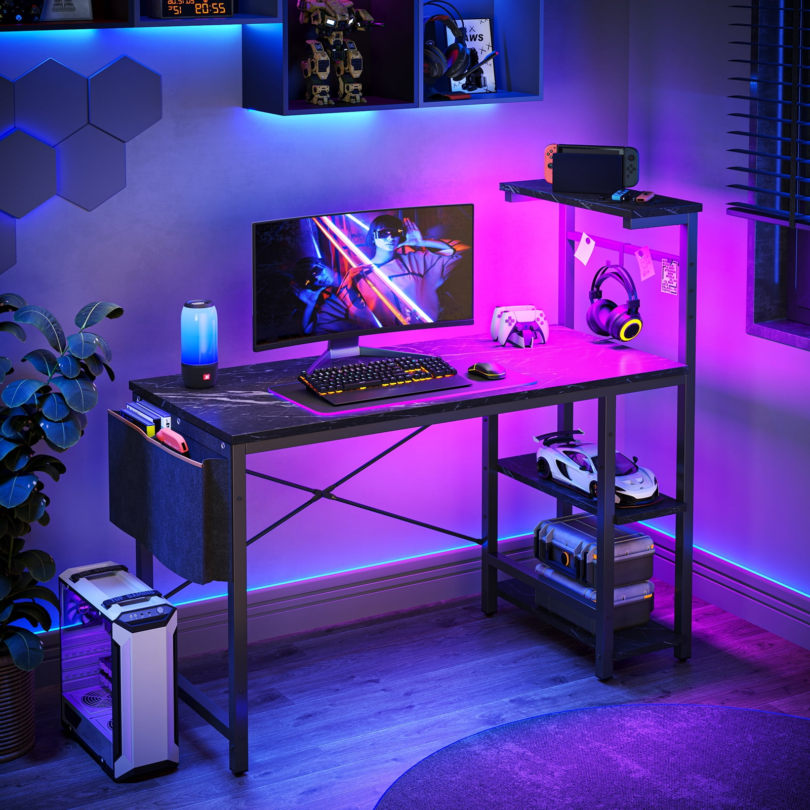 Bestier Reversible 44 inch Computer Desk with LED Lights Gaming Desk with 4 Tier Shelves Black Marble - image 1 of 7