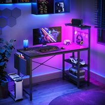 Bestier Reversible 44 inch Computer Desk with LED Lights Gaming Desk with 4 Tier Shelves Black Marble