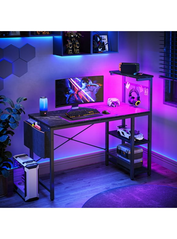 Bestier Reversible 44 inch Computer Desk with LED Lights Gaming Desk with 4 Tier Shelves Black Marble
