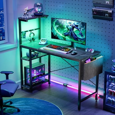 Bestier Reversible 44 inch Computer Desk with LED Lights Gaming Desk with 4 Tier Shelves Black Marble