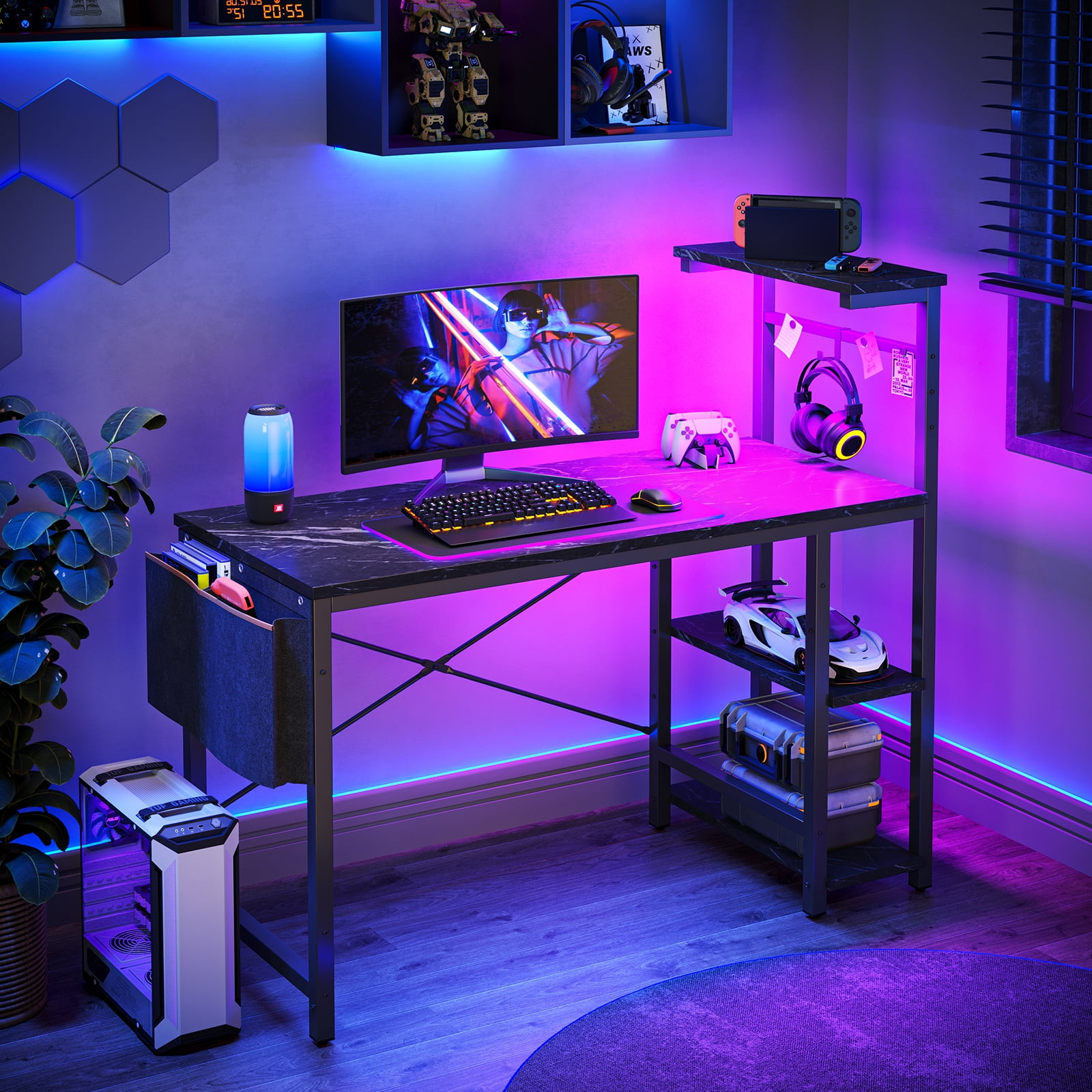 Bestier 65 in. L Shaped Gaming Desk with Monitor Stand Black Carbon Fiber Reversible Computer Desk