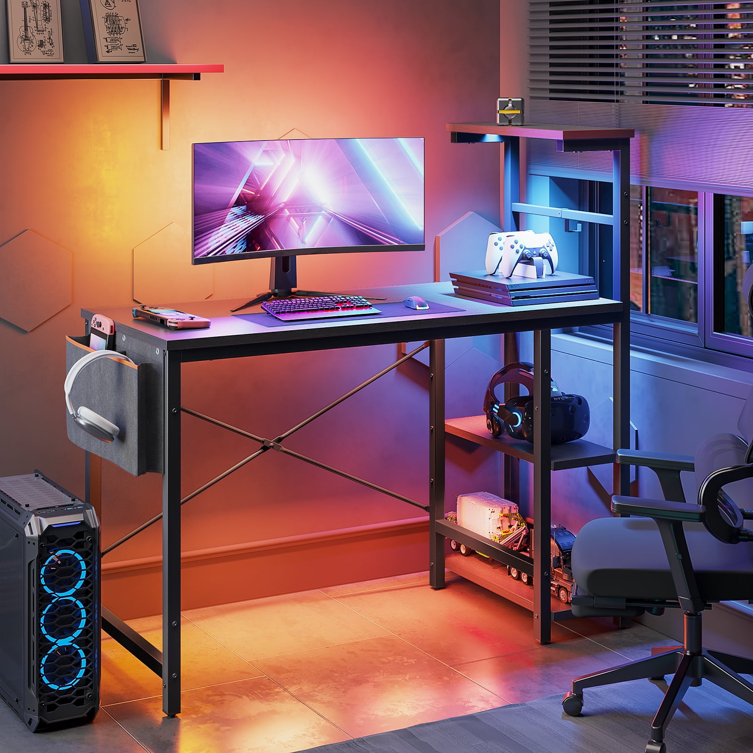 Bestier Reversible 44 inch Computer Desk with LED Lights Gaming Desk with 4  Tier Shelves Grey 