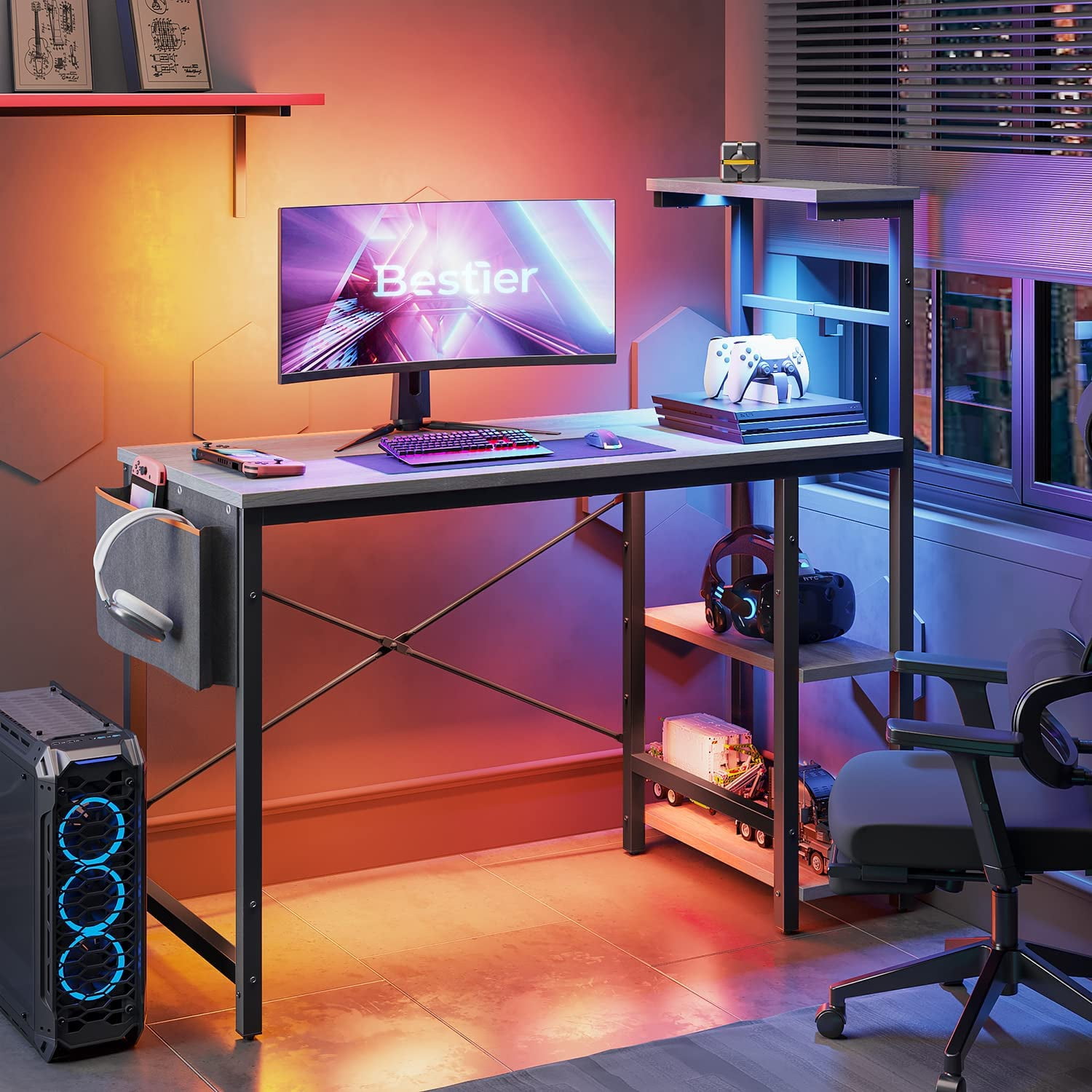 Bestier Gaming Desk with LED Lights, Computer Desk with 4 Tiers Reversible  Shelves, 51.3 Inch Gamer Desk with Side Storage Bag, Hooks and Height  Adjustable Shelf Black Carbon Fiber : : Home