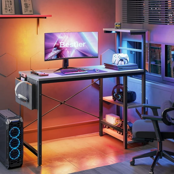 Bestier Reversible 44 inch Computer Desk with LED Lights Gaming Desk with 4 Tier Shelves Grey