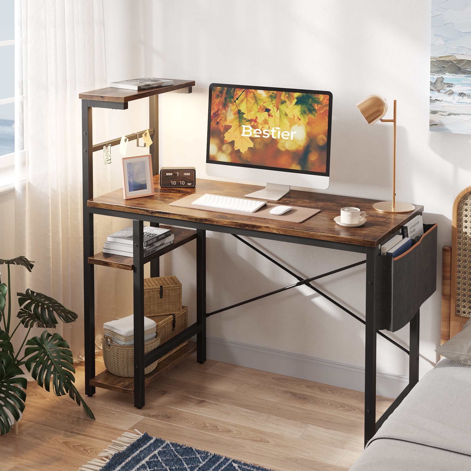 Bestier Reversible 44 inch Computer Desk with LED Lights Gaming Desk with 4 Tier Shelves Rustic