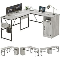Bestier Reversible 60" L Shaped Computer Desk with Storage Cabinet Long Desk for 2 Person Wash White