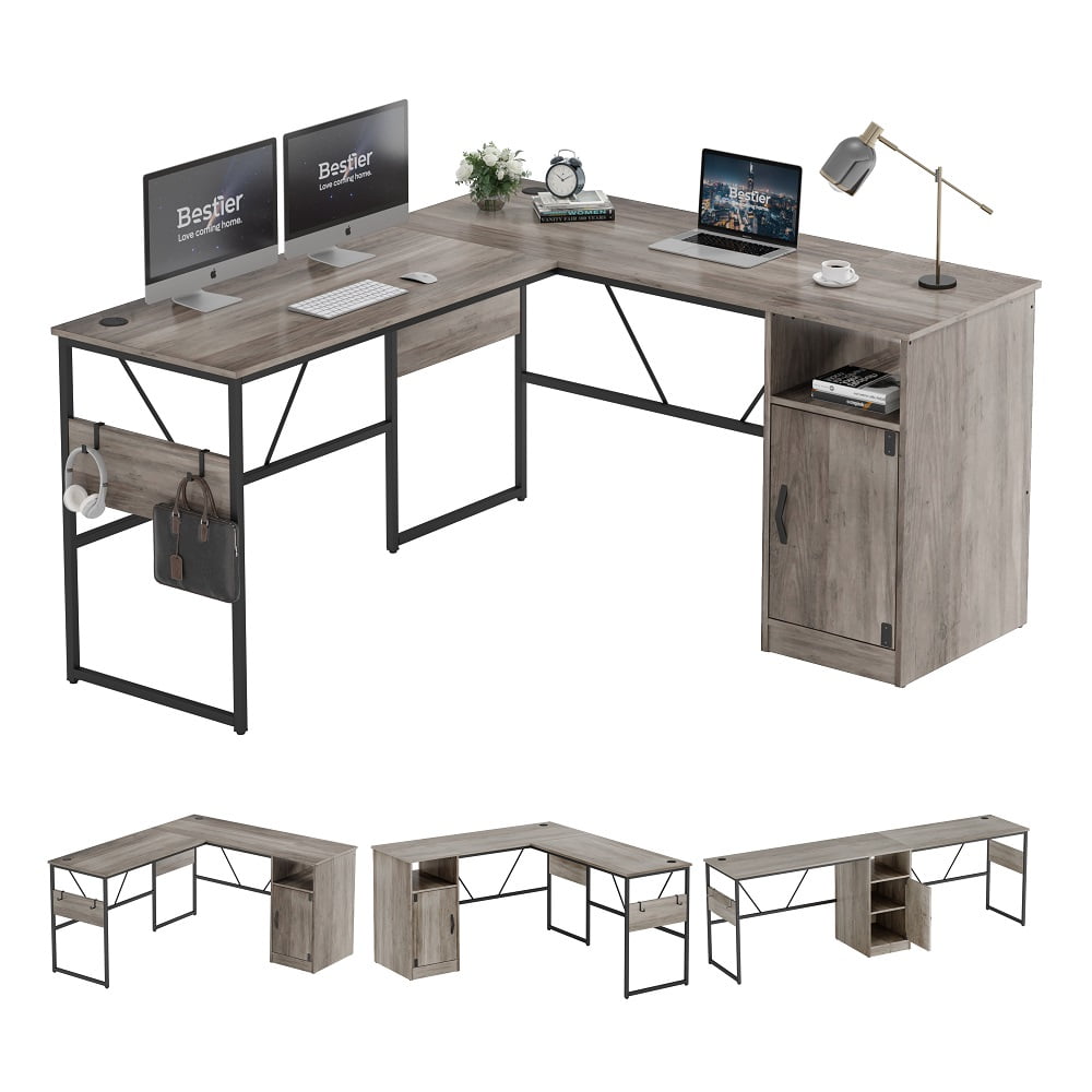 Bestier L Shaped Desk for Home Office, Farmhouse Computer Desk with Storage  Cabinet, Office Desk with Bookshelf, 2 Person Computer Desk Up to 82 inch