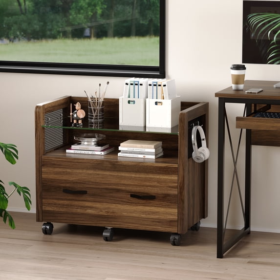 Bestier Rolling File Cabinet Large Filing Cabinet with Letter Organizer Hooks Open Storage, Walnut