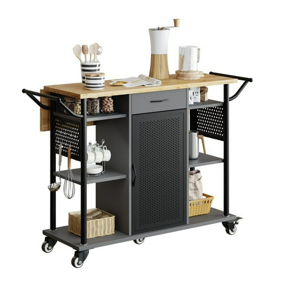 Bestier Rolling Kitchen Utility Cart w/ Collapsible Surface Extender, Grey